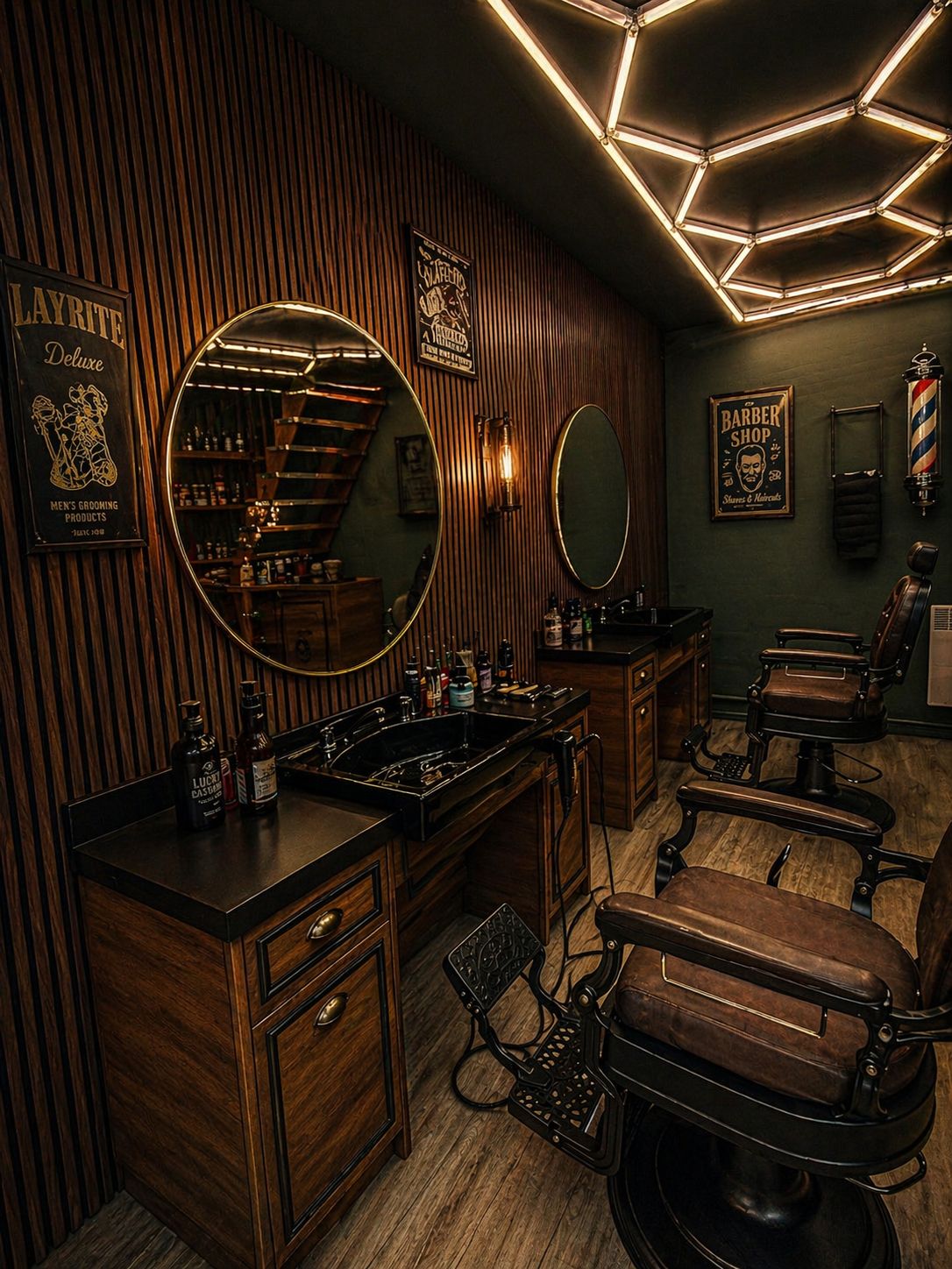 Luxe kapperszaak interieur met leren stoelen en koperen details